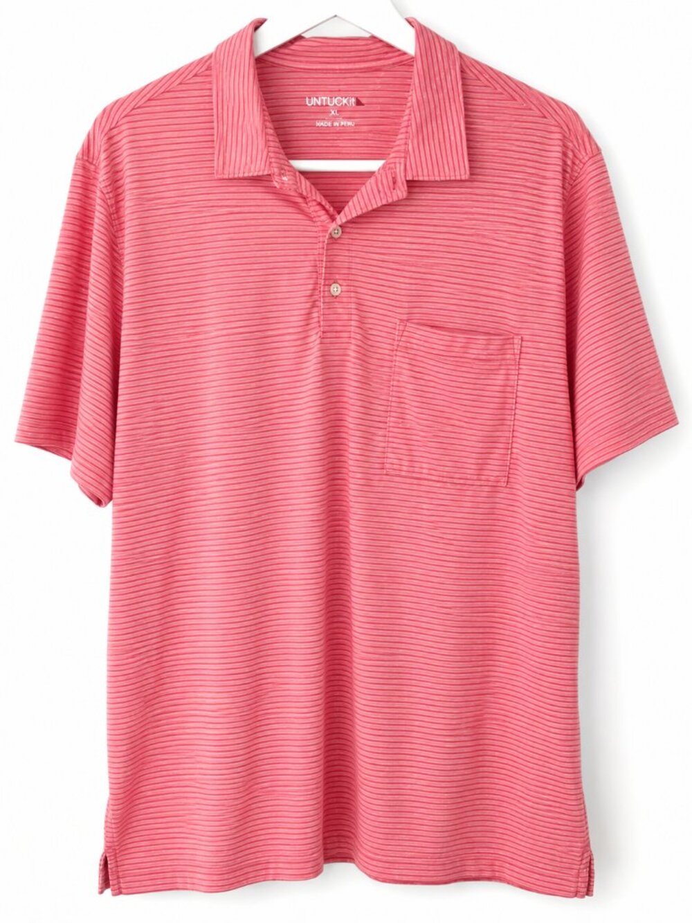 UNTUCKit Pink Stripe Polo Shirt XL Cotton Blend Short Sleeve Pocket Polo